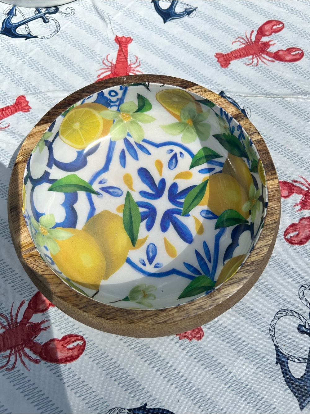 Mediterranean Colorful Lemon Pattern Ceramic Bowl with Wood Base 7”